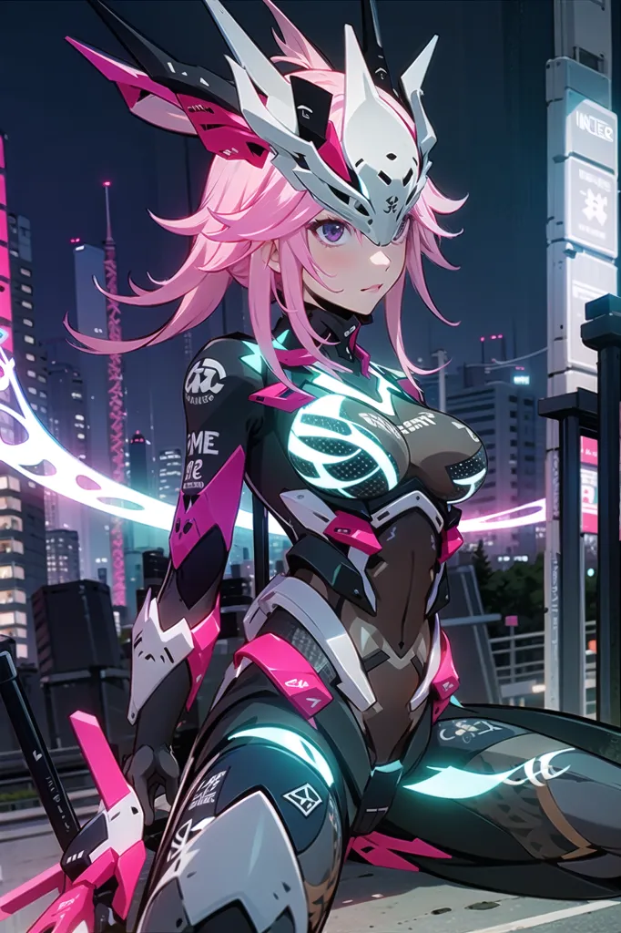 The image is of a young woman with pink hair and purple eyes. She appears to be wearing a black and pink bodysuit with white and blue accents. The bodysuit has a high collar and a plunging neckline. She is also wearing a pair of black and pink boots. The woman is sitting on a railing in front of a city. The city is in the background and is out of focus. The woman is looking at the viewer with a serious expression.