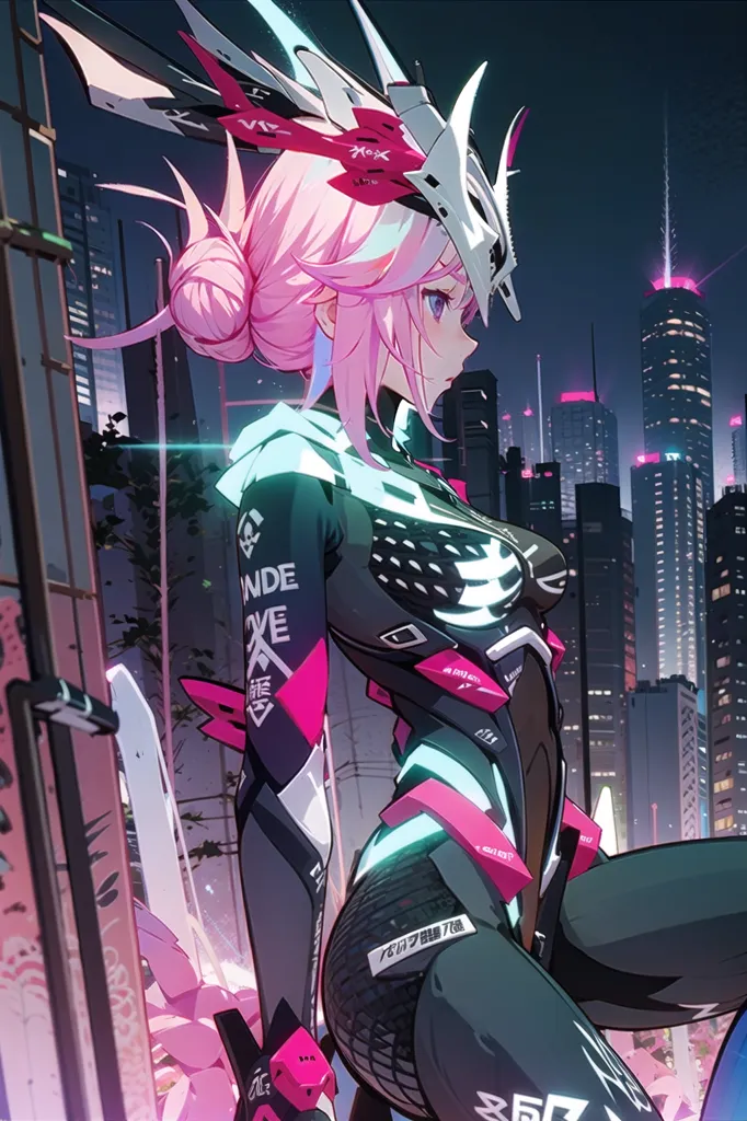 The image is a digital painting of a young woman with pink hair and purple eyes. She is wearing a black and pink bodysuit with a white mask. She is sitting on a railing in a futuristic city. The city is full of tall buildings and bright lights. The woman is looking at the view of the city.