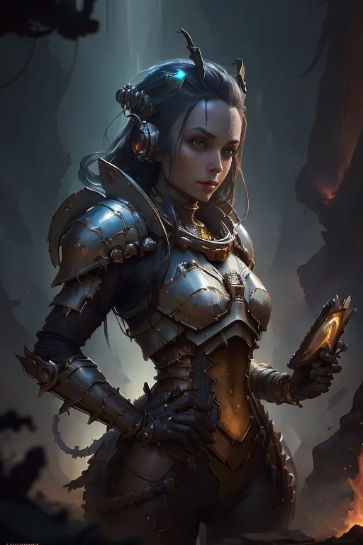 This is an image of a woman who appears to be a warrior. She is wearing a breastplate and shoulder pads that are made of metal. She also has a pair of headphones on and there is a glow coming from the left side of her head. She has a determined look on her face and is looking at something or someone. She is standing in a dark place, possibly a battlefield, and there are flames in the background.