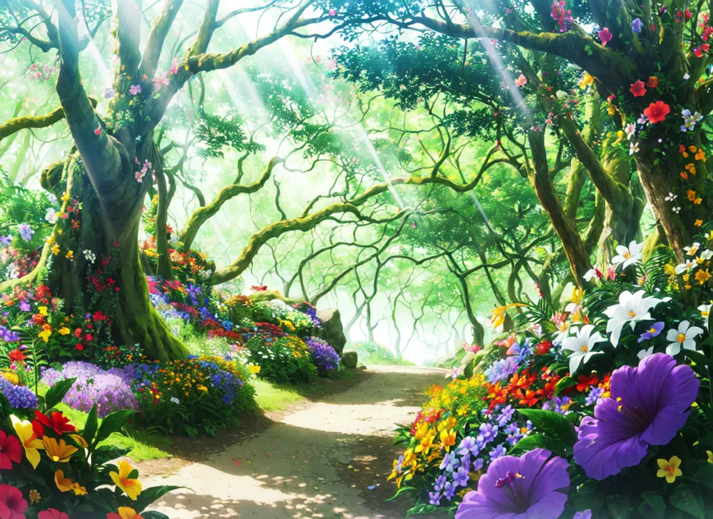 A imagem é de uma bela floresta com um caminho que a atravessa. As árvores são altas e majestosas, e as folhas são de um verde exuberante. O caminho está coberto de flores de todas as cores diferentes. Há também flores crescendo por toda a floresta. O sol brilha intensamente e os pássaros estão cantando. É um lugar verdadeiramente mágico.