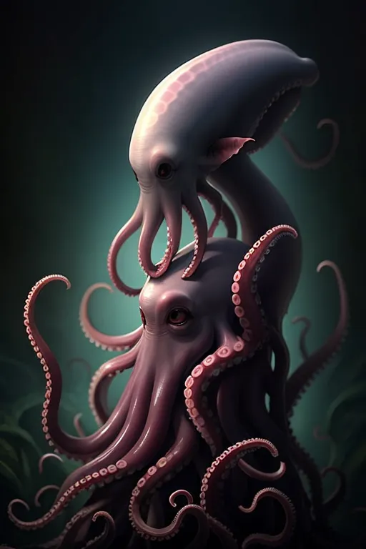 The image is a dark, close-up of two octopuses. The larger octopus is pink and has its tentacles wrapped around the smaller octopus, which is purple. The smaller octopus is perched on the head of the larger octopus. Both octopuses have their eyes wide open and are looking at the viewer. The background is a dark blue-green color.