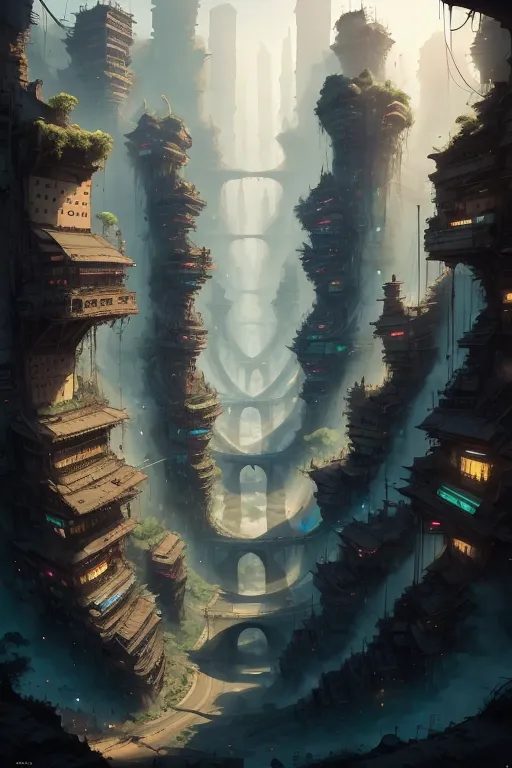 The image shows a futuristic city built on top of each other. The buildings are tall and narrow, and they are connected by bridges and walkways. The city is very dense, and it appears to be very crowded. The air is filled with fog, and the city is lit by a variety of lights. The image is very detailed, and it is clear that the artist has put a lot of thought into creating it.