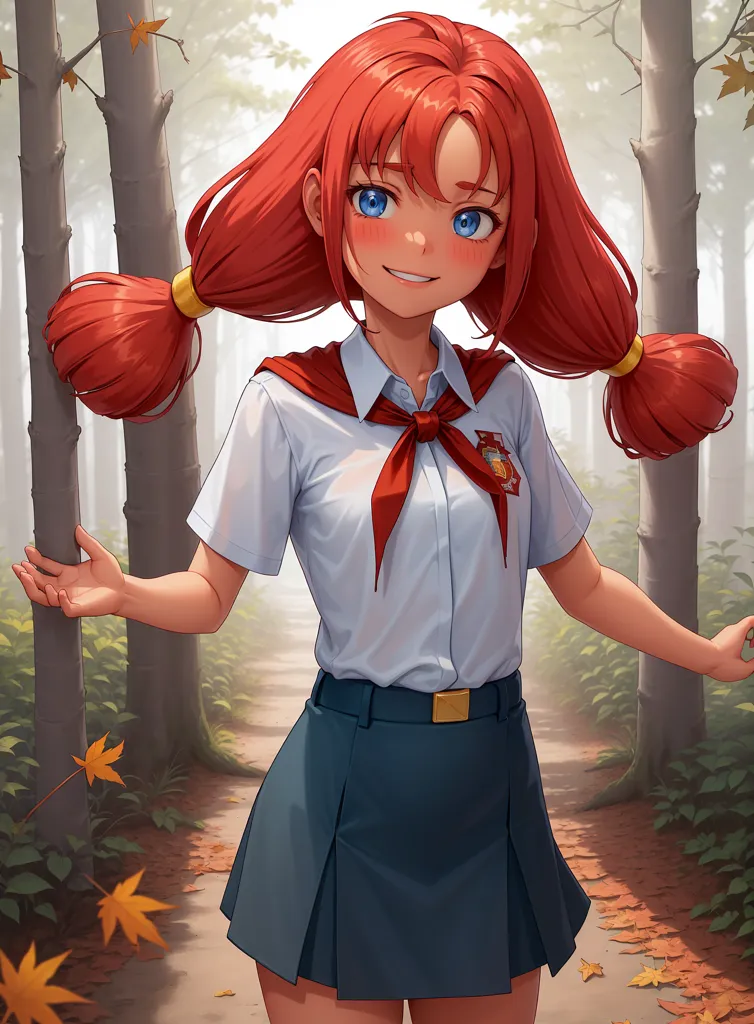 L'image montre une jeune fille aux longs cheveux roux et aux yeux bleus. Elle porte une chemise blanche, une écharpe rouge et une jupe bleue. Elle se tient debout dans une forêt, et il y a des feuilles au sol. La fille sourit et a les bras écartés.