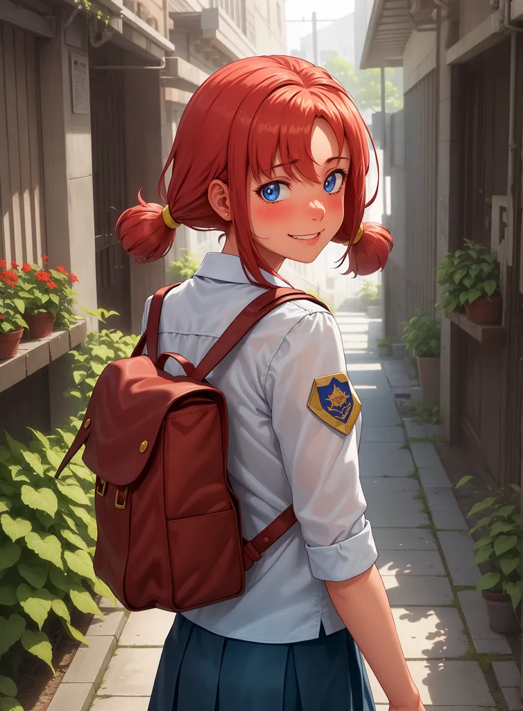 This is an image of a young girl with red hair and blue eyes. She is wearing a white shirt, a blue skirt, and a brown backpack. She is standing in an alleyway with a building to her left and a wall with planters on it to her right. There are plants growing on the ground and in the planters. The girl is smiling and looking back at the viewer.