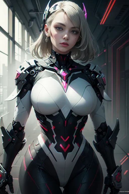 The image is a digital painting of a young woman in a futuristic bodysuit. She has short white hair and blue eyes, and her skin is pale. She is wearing a white and black bodysuit with pink highlights. The suit has a high collar and a plunging neckline. She is also wearing a pair of black boots. She is standing in a futuristic setting, and there is a large window in the background.