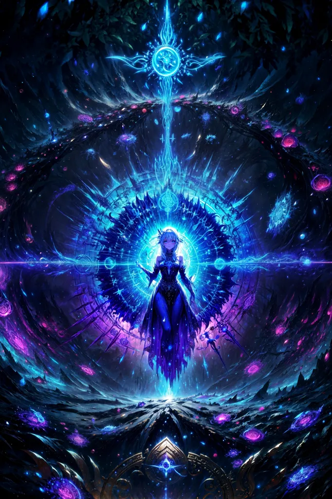 This image shows a woman standing in a blue and purple magical circle. The woman is wearing a blue dress and has long white hair. She is surrounded by blue and purple energy and there are stars and galaxies in the background.