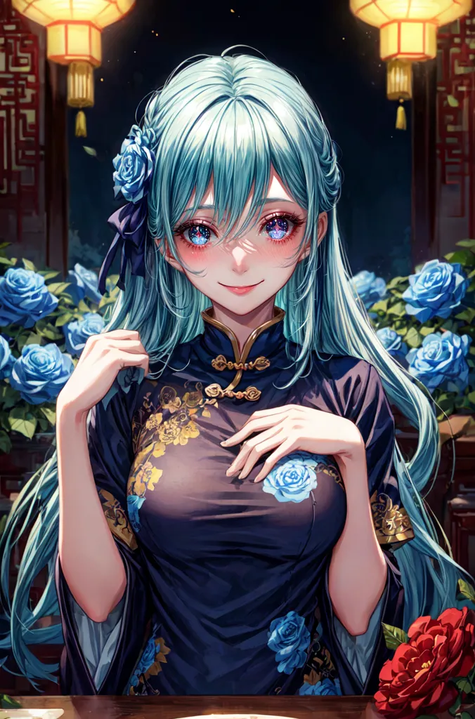 The picture shows a young woman with long blue hair dressed in a black cheongsam with blue floral patterns. She has blue eyes and is smiling. There are blue and red flowers in the background.