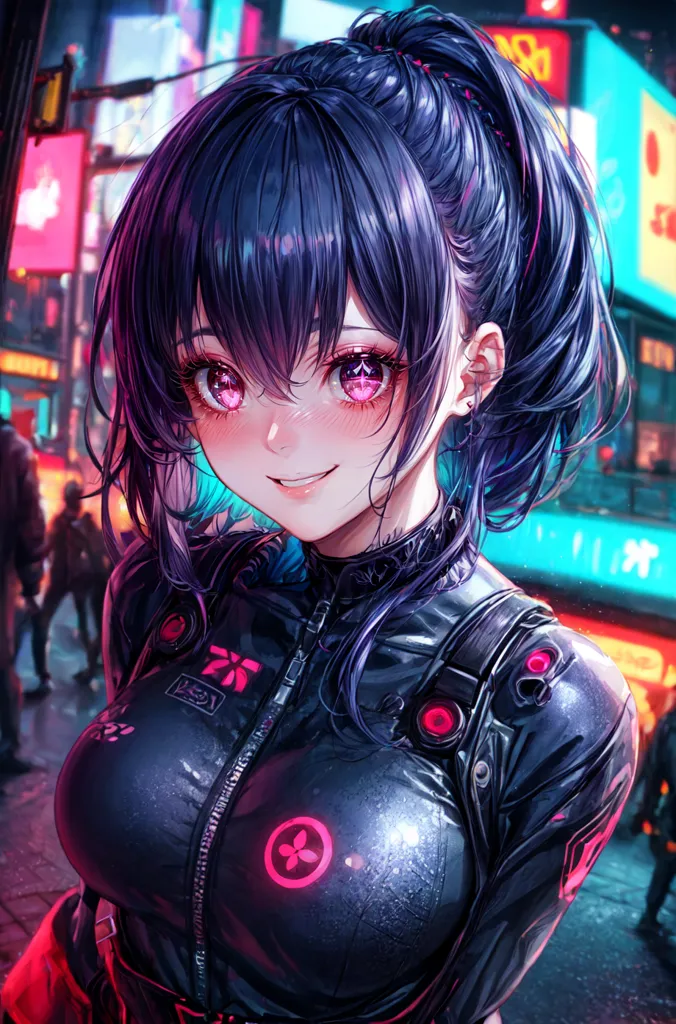 The image is a portrait of a young woman with long black hair and pink eyes. She is wearing a black leather jacket and has a small smile on her face. The background is blurred and there are some bright lights in the distance.