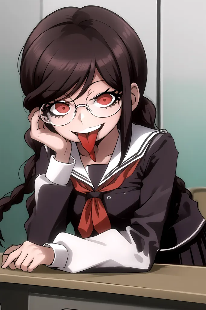 The image shows an anime girl with long brown hair, red eyes, and glasses. She is wearing a white shirt, a red scarf, and a black jacket. She has her tongue out and is looking at the viewer with a crazy expression on her face. She is sitting in a classroom.