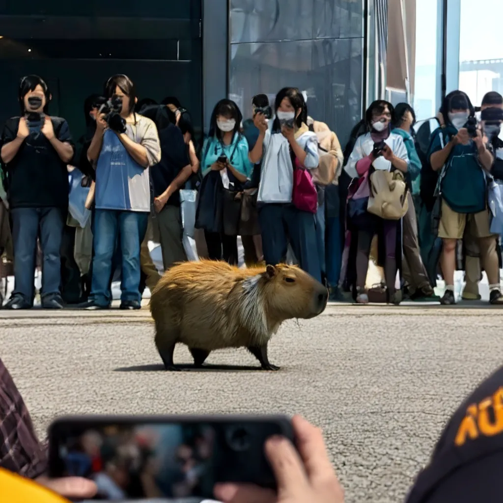 In the picture, there is a capybara walking in the middle of a crowd of people. The capybara is brown and looks calm, while the people are wearing masks and taking pictures of the animal. The people are standing in front of a glass building and there is a person taking a picture of the scene with their phone.