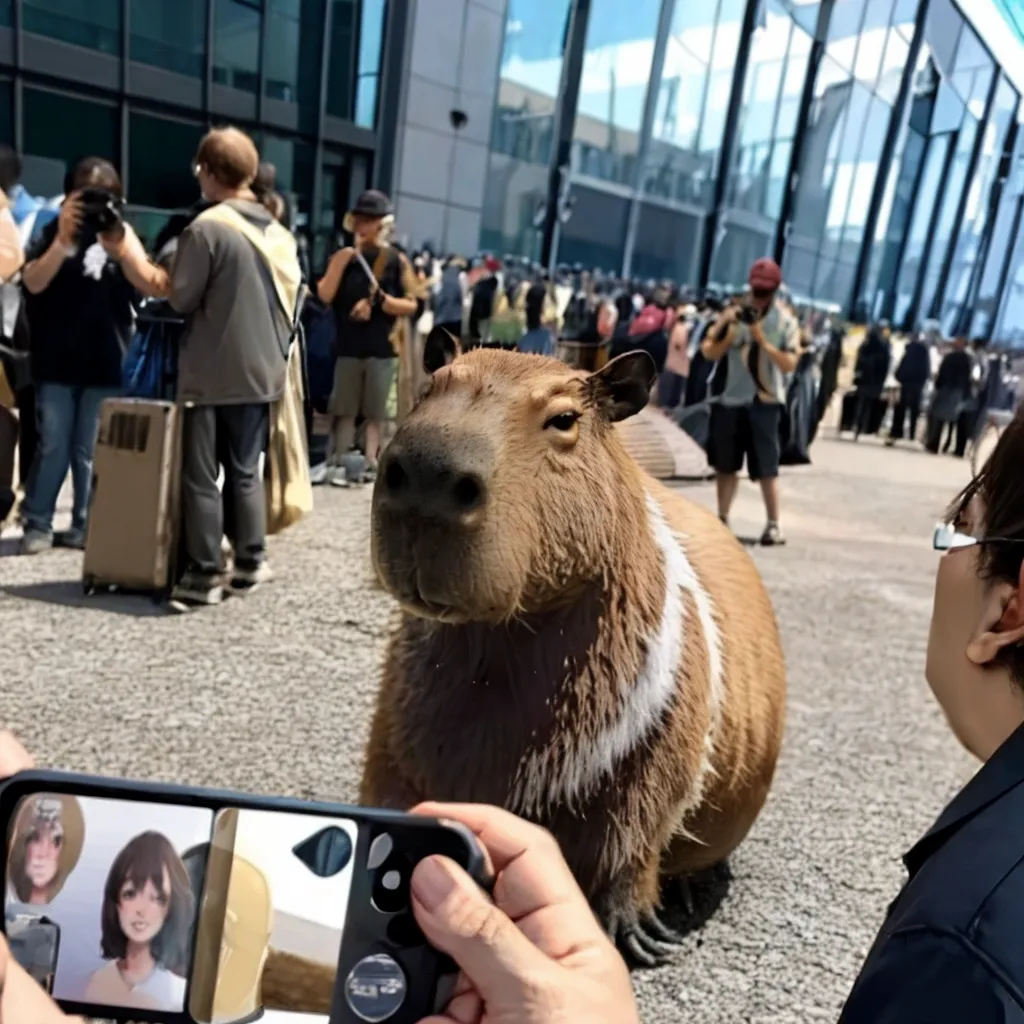 A imagem mostra um capivara, um grande roedor nativo da América do Sul. Ele está em pé diante de uma multidão de pessoas, que estão tirando fotos dele e com ele. O capivara está calmo e parece estar gostando da atenção, o homem em primeiro plano está tirando uma foto do capivara com seu telefone.