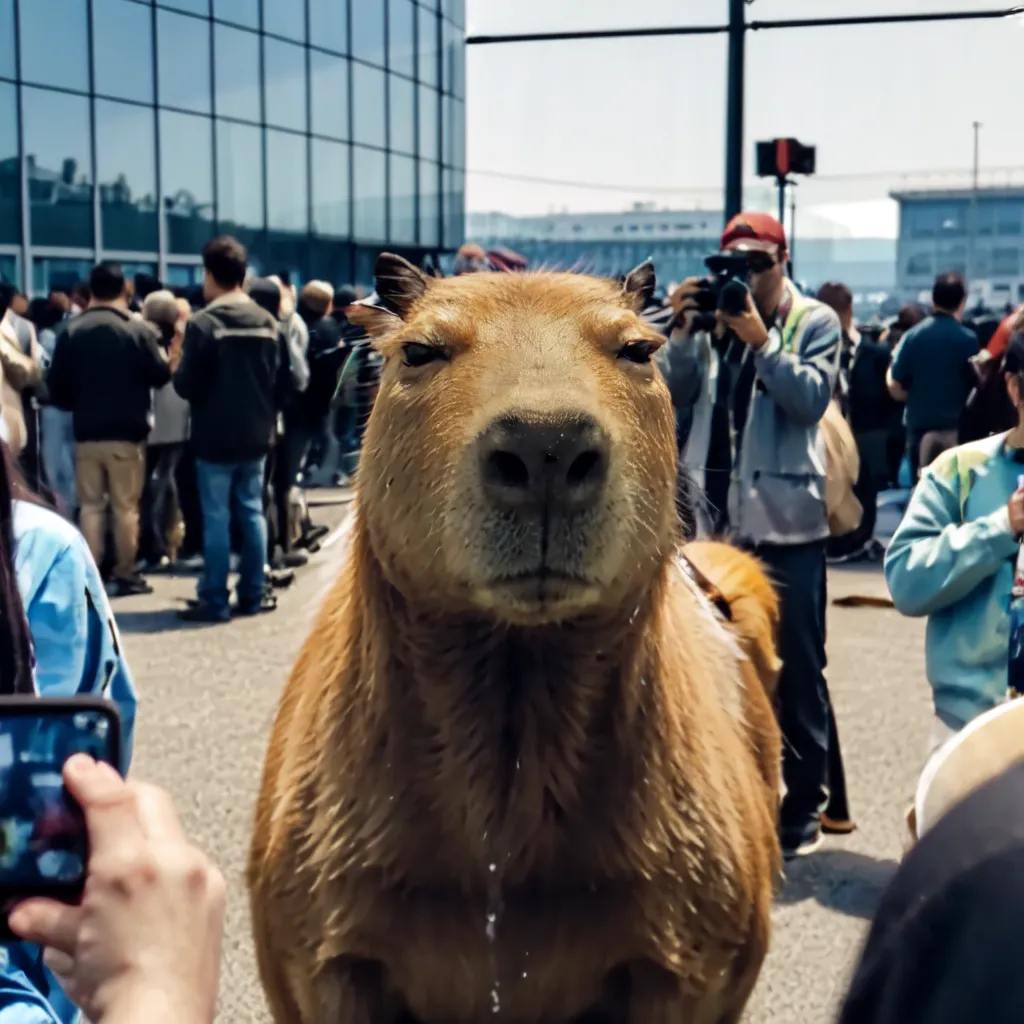 その写真には、群衆の中央にカピバラがいます。カピバラはカメラを見つめています。建物の背景の中で、通りの上に立っています。人々はカピバラを撮影しています。