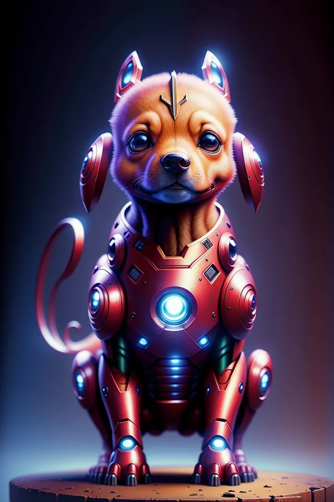 The image shows a cartoon dog wearing a red and gold Iron Man suit. The dog is sitting on a brown surface with a dark blue background. The dog has its ears perked up and is looking at the viewer. The Iron Man suit has a glowing blue light in the center of the chest and on the palms of the hands and feet.