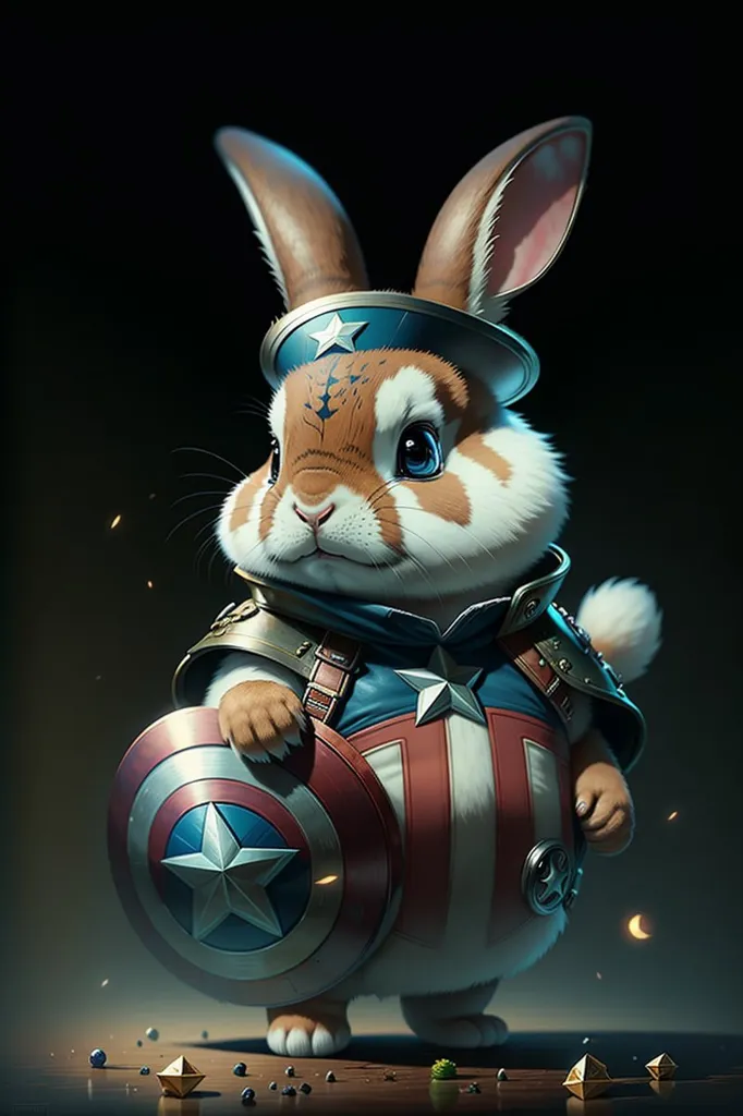 This image shows a cartoon rabbit dressed as Captain America. The rabbit is standing on a dark blue background, and it is wearing a red, white, and blue costume. The rabbit has a shield with a star on it, and it is holding the shield in its left hand. The rabbit also has a helmet on, and the helmet has a star on it. The rabbit is looking at the viewer with a determined expression.