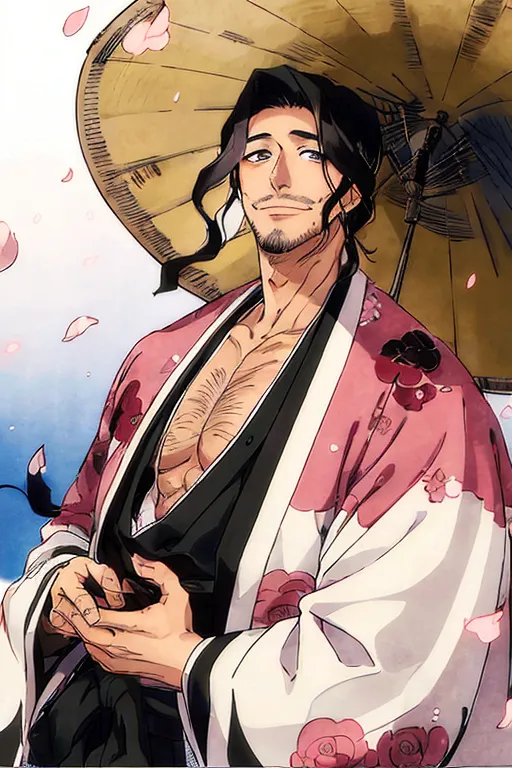 The image shows a man with long black hair and a beard. He is wearing a pink and white kimono with a black obi. He is also wearing a straw hat and is holding a closed fan in his right hand. He has a beauty mark under his right eye. He is standing in front of a white background with cherry blossom petals falling around him.