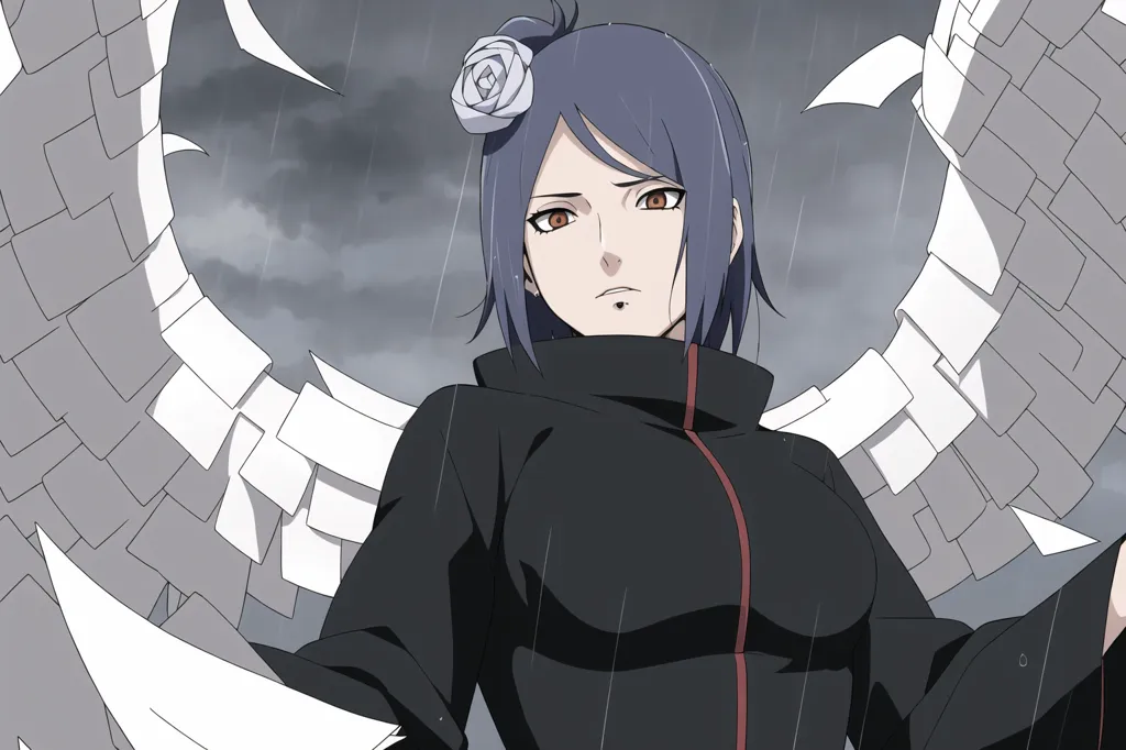 Esta imagem mostra uma kunoichi da série de anime Naruto. Ela tem cabelos azuis longos, olhos castanhos e uma rosa branca no cabelo. Ela está usando um quimono preto sem mangas com um obi vermelho. Ela tem uma expressão séria no rosto. Há papéis com o kanji para \