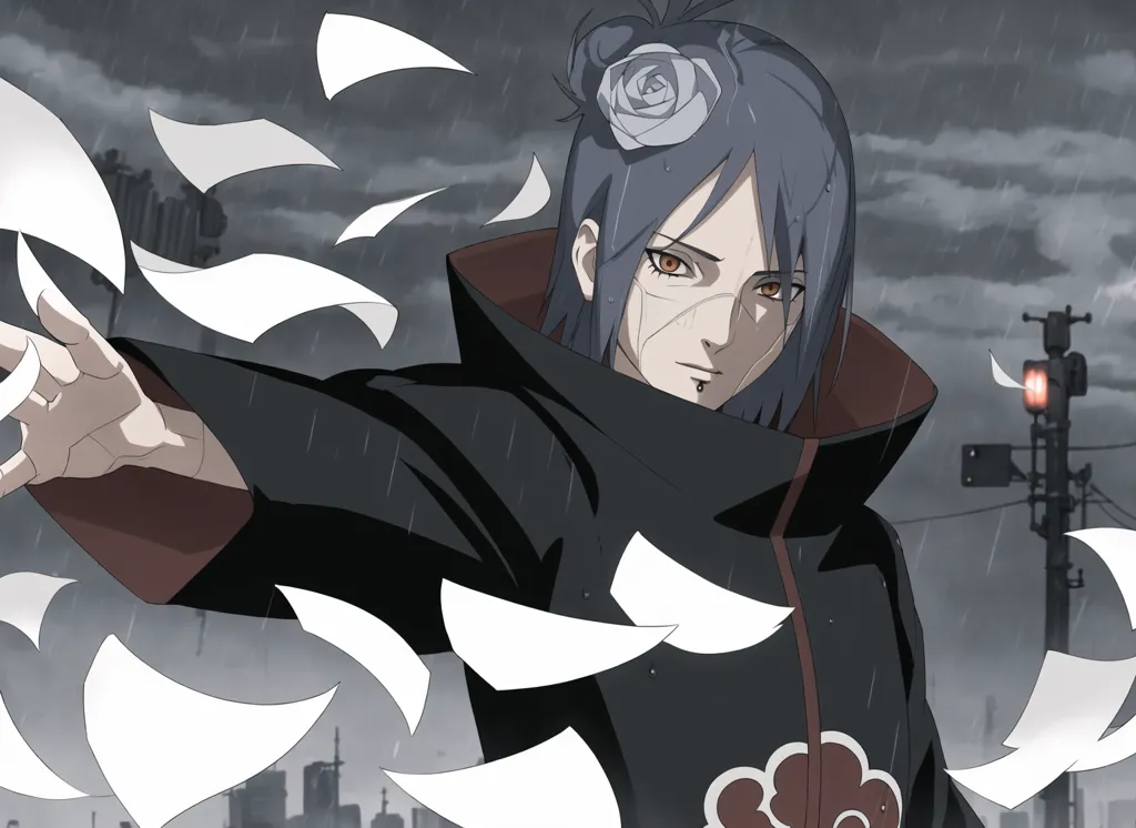 This image shows a kunoichi from the anime series Naruto. She has long purple hair, with a white rose in her hair. She is wearing a black Akatsuki cloak, with a red cloud design on the back. She has a piercing in her lower lip, and her eyes are red with black sclera. She is standing in a rainy city, with papers flying around her. She has one hand outstretched, as if she is using a jutsu.