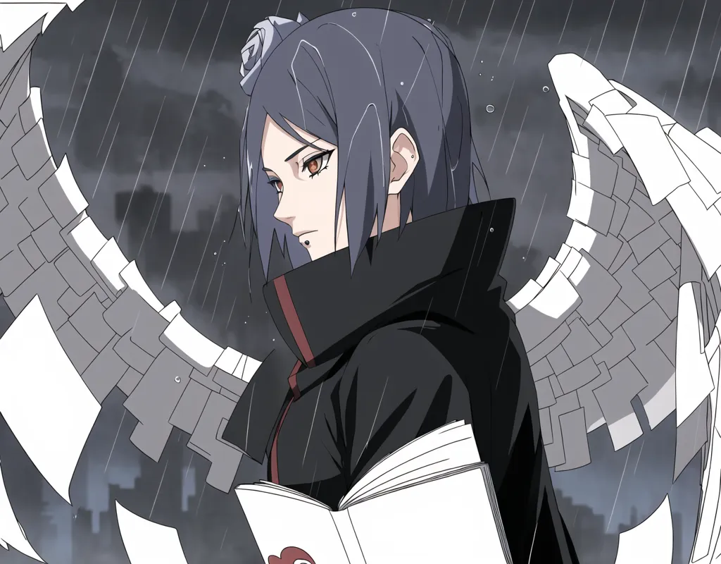 The image shows a young woman with long black hair and red eyes. She is wearing a black cloak with a high collar and a white rose pinned to the left side. She has a stern expression on her face and is looking to the left of the frame. There are sheets of white paper fluttering around her, and it is raining in the background.