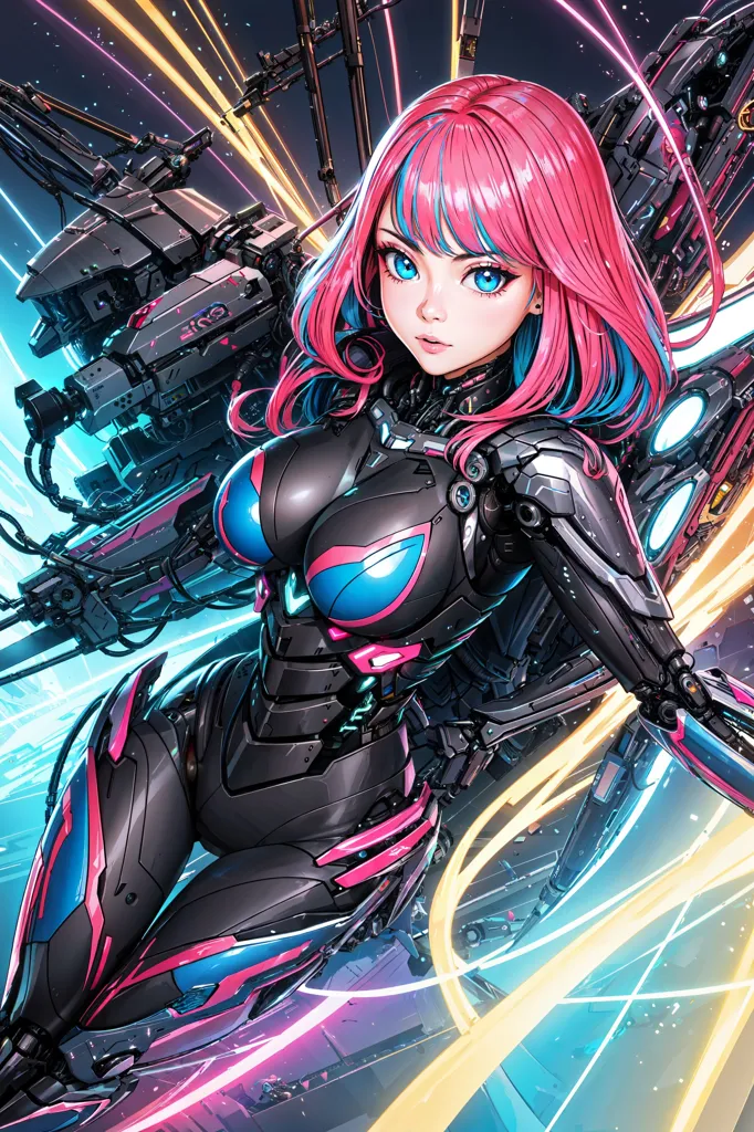 The image is a painting of a young woman with pink hair and blue eyes. She is wearing a black and pink bodysuit with a large collar and a pair of black boots. She is standing in front of a large machine with a glowing blue eye. The machine has a large number of wires and tubes attached to it. The woman has a serious expression on her face.