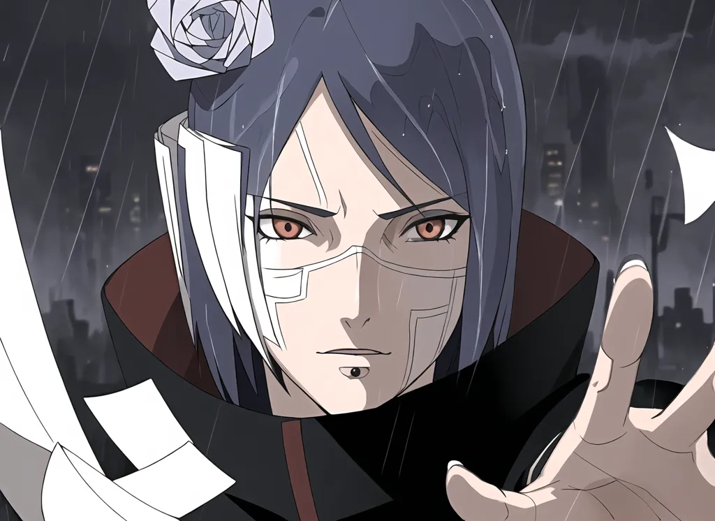 L'image représente une kunoichi de la série animée Naruto. Elle a de longs cheveux bleus, des yeux rouges et un teint pâle. Elle porte une cape de l'Akatsuki noire et rouge, et son visage est partiellement caché par un masque blanc. Elle se tient dans un environnement sombre et pluvieux, avec un paysage urbain en arrière-plan. Elle a une rose dans les cheveux.