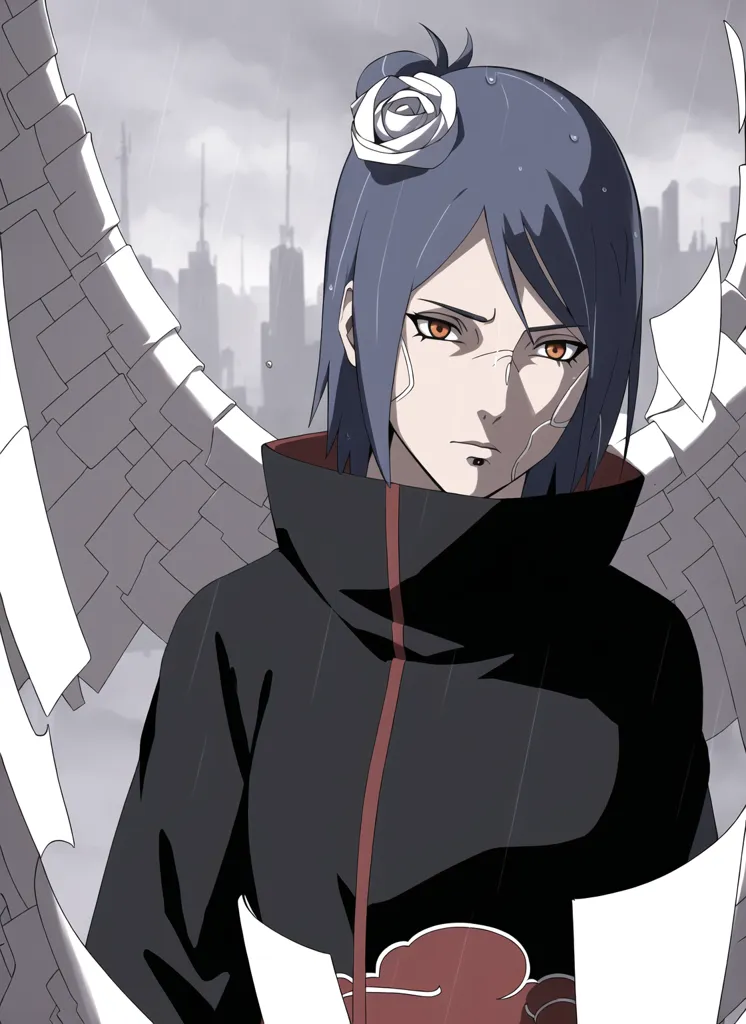 The image is of a young woman with long blue hair and orange eyes. She is wearing a black cloak with a red cloud on the back. She has a white rose in her hair. She is standing in front of a grey background with a cityscape in the distance.