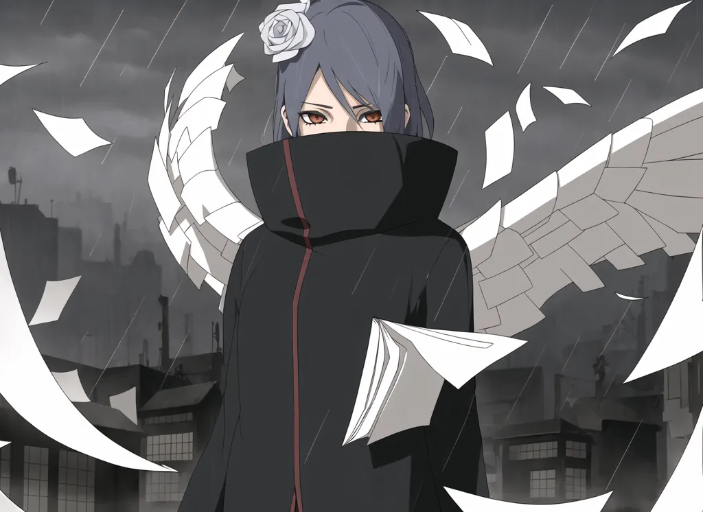 This image shows a young woman with long blue hair and red eyes. She is wearing a black cloak with a high collar, and her hair is tied back in a ponytail. She is standing in a dark and rainy city, and she is surrounded by sheets of paper. The woman has a serious expression on her face, and she seems to be focused on something.