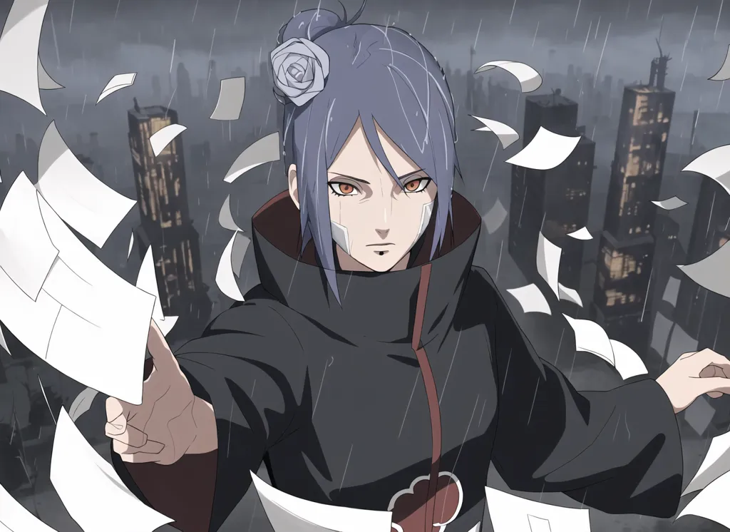 This image shows a kunoichi from the anime series Naruto. She is standing in a rainy city, with papers flying around her. She is wearing a black cloak with a red cloud on the back, and her hair is tied in a bun with a rose accessory. Her eyes are purple, and she has a determined expression on her face. She is in a fighting stance, with her left hand outstretched and her right hand holding a kunai.