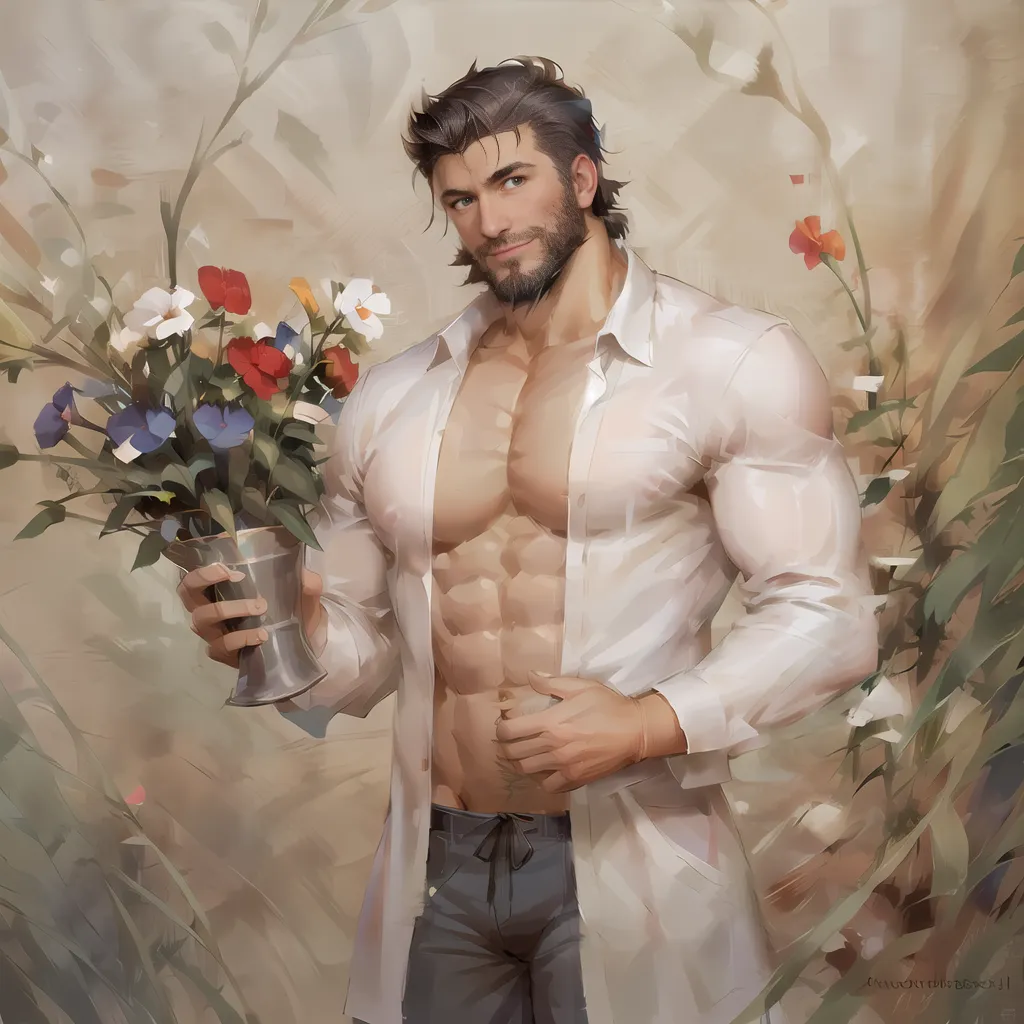 This image shows a muscular man with dark hair and a beard. He is wearing a white shirt that is unbuttoned, showing his chest. He is holding a vase of flowers. The background is a blur of light colors. The man has a gentle expression on his face. He looks like he is about to give the flowers to someone.