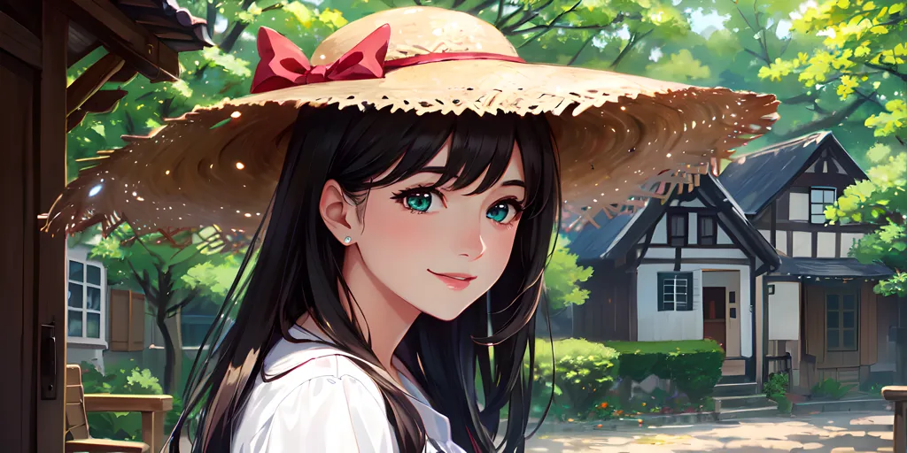 This is an image of a young woman with long black hair and green eyes. She is wearing a large straw hat with a red ribbon and a white shirt. She is standing in a European-style village. There are houses with wood siding and flower boxes in the windows. The trees are green and leafy. The sun is shining. The girl is smiling.