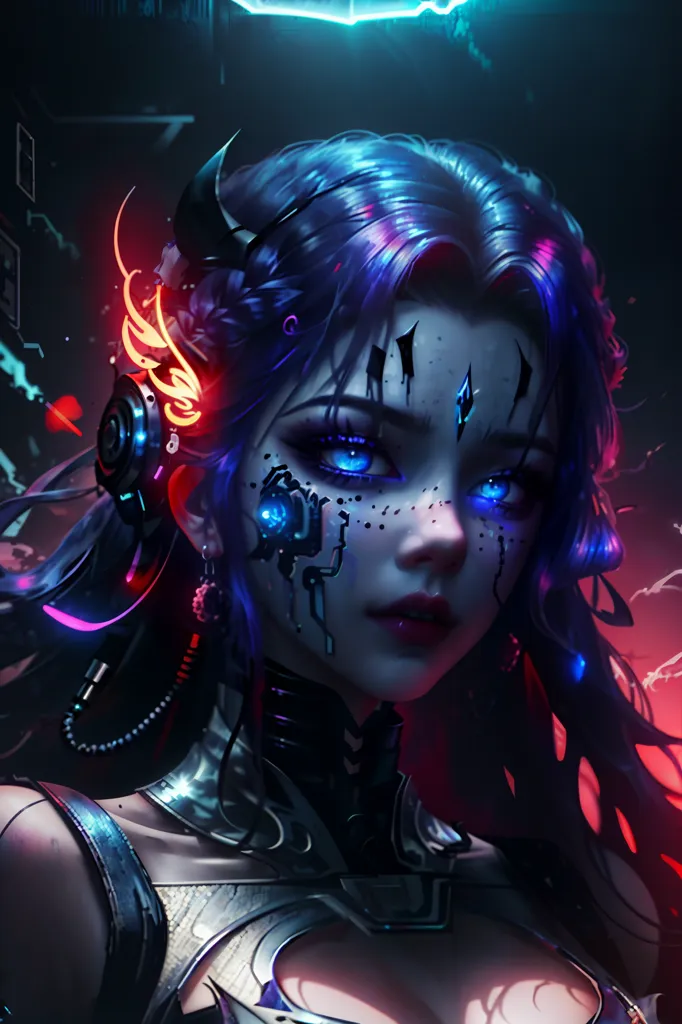 The image is a portrait of a young woman with blue hair and eyes. She is wearing a black and silver outfit with a glowing blue light on her chest. She has a cybernetic implant on her right cheek and a glowing blue light in her left eye. She is also wearing a pair of headphones. The background is dark with a blue light on the left side.