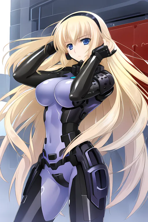 The image depicts a young woman with long blonde hair and blue eyes. She is wearing a purple and black bodysuit with a high collar. The suit has black accents on the arms, legs, and chest. She is also wearing a pair of black headphones. The woman is standing in a determined pose, with her fists clenched at her sides. She has a confident expression on her face. The background is a blur of light gray.