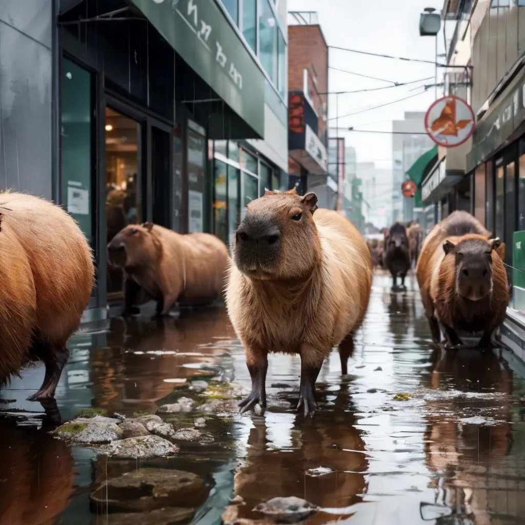 The image shows a group of capybaras walking down a flooded city street. The capybaras are of various sizes, and they are all walking in the same direction. The water is murky and brown, and it is unclear how deep it is. The capybaras are not bothered by the water. The buildings on either side of the street are tall and made of brick. The street is littered with debris, and there are no cars or other vehicles visible. The image is taken from a low angle, and it is clear that the capybaras are the only living things in the area.