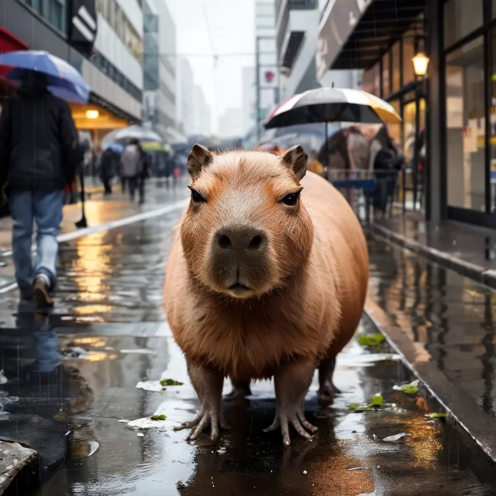 La imagen muestra a un capibara caminando por una calle de la ciudad. Está lloviendo y el capibara está mojado. El capibara está en primer plano y hay personas caminando en el fondo. Las personas llevan impermeables y paraguas. El capibara no lleva impermeable ni paraguas.