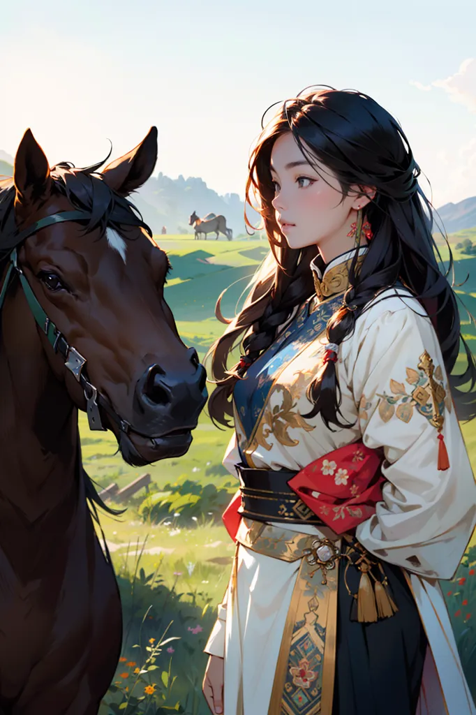 The image is a painting of a young woman standing in a field with a horse. The woman is wearing a traditional Chinese dress and has long, flowing hair. She is standing next to a brown horse, which she is holding by the reins. The horse is looking at the woman with a gentle expression. The background of the painting is a vast field of grass, with mountains in the distance. The painting is done in a realistic style, and the colors are vibrant and lifelike.