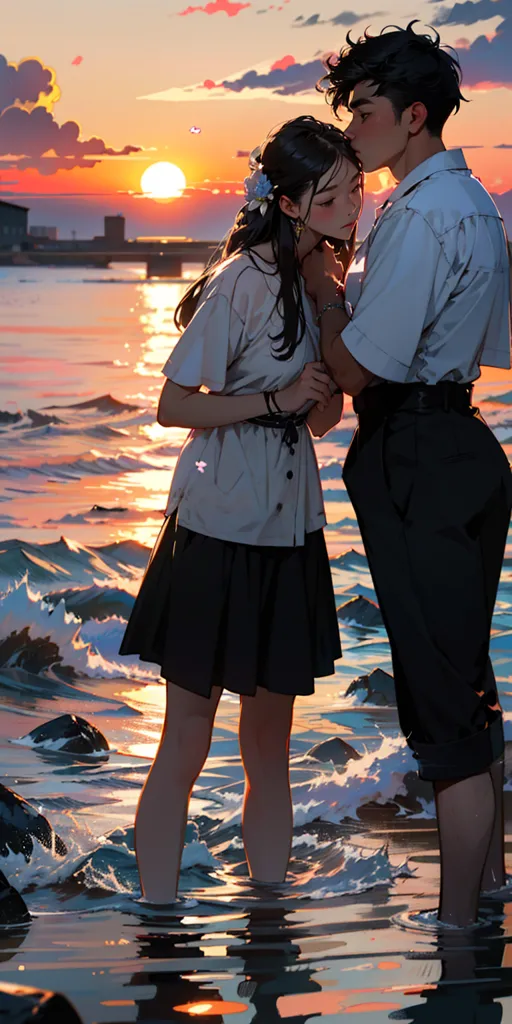 The image is of a man and a woman standing in the water at sunset. The man is holding the woman close to him. The sun is setting behind them, casting a warm glow over the scene. The man and the woman are both wearing white shirts and black pants. The woman has a flower in her hair. The man has his hand around the woman's waist. The woman is looking up at the man. The man is looking down at the woman. The image is peaceful and romantic.