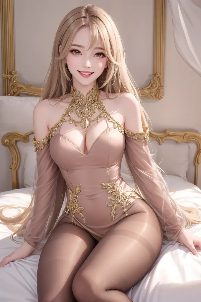 The image is of a beautiful young woman with long, flowing blonde hair. She is wearing a form-fitting dress with a plunging neckline and intricate gold detailing. The dress has off-the-shoulder sleeves and a high collar. The woman is sitting on a bed, with her legs crossed and her hands resting on her lap. She has a soft smile on her face and is looking at the viewer. The background of the image is a blur of soft, warm colors.