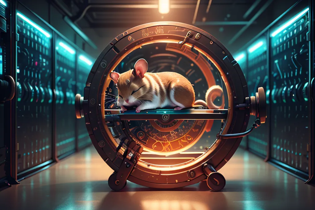 Este é um hamster dentro de uma espécie de máquina do tempo steampunk. O hamster está dormindo em uma plataforma dentro da máquina do tempo, que é feita de metal e tem uma variedade de medidores e mostradores. A máquina do tempo está localizada em uma sala grande com paredes de concreto e um piso de metal. Há várias máquinas grandes na sala, incluindo um computador e um ventilador grande.