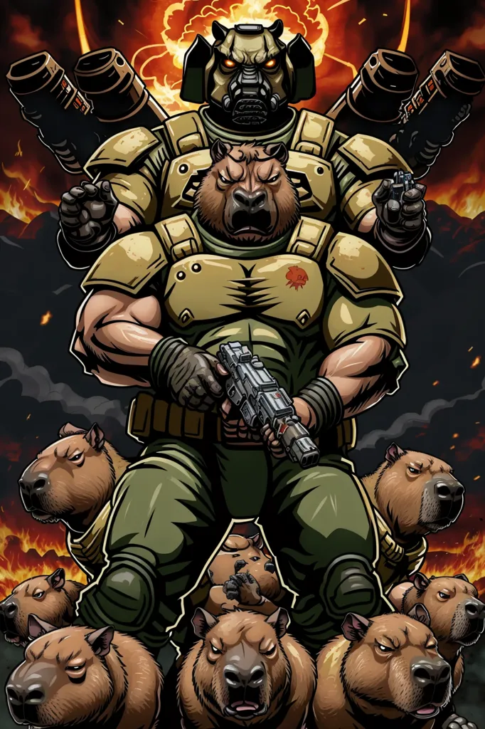 The image is a digital painting of a capybara wearing a green military outfit and a gas mask. It is standing in front of an explosion, holding a gun in each hand. The capybara is surrounded by a group of smaller capybaras, all of which are also wearing military outfits and gas masks. The background is a fiery orange color, and there are large explosions in the distance.