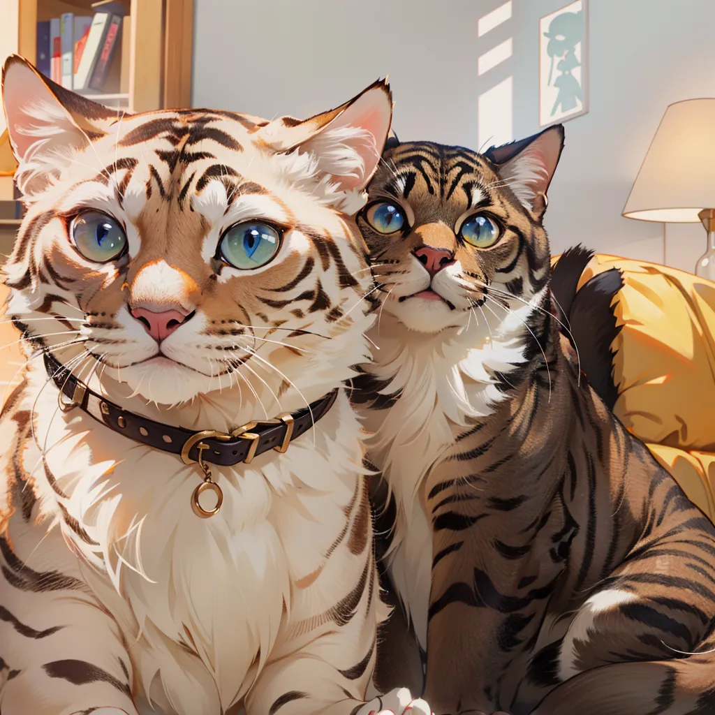 This is a picture of two cats sitting side by side. The cat on the left is larger than the cat on the right. The larger cat has light fur with dark brown stripes, and the smaller cat has dark fur with light brown stripes. The larger cat is wearing a collar with a tag on it. Both cats are looking at the viewer. There is a bookshelf and a couch in the background.