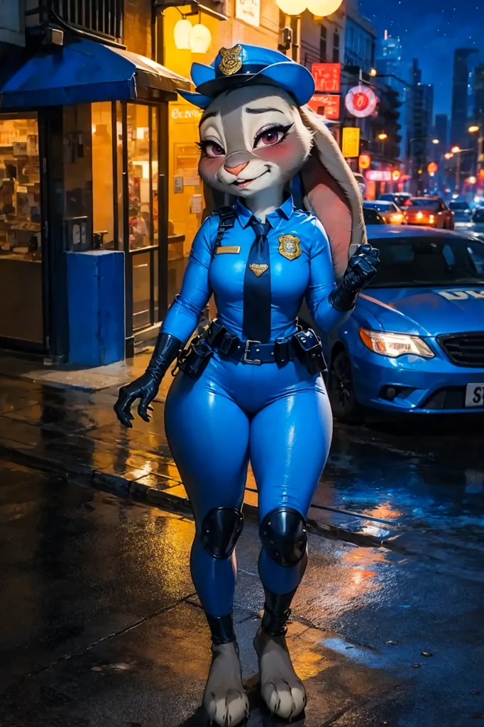 The image is of a female rabbit police officer. She is wearing a blue police uniform with a badge on her chest and a hat on her head. She is also wearing a gun belt with a gun in it. She is standing in a city street at night. There is a car parked behind her. The rabbit police officer is looking at the viewer with a smile on her face.