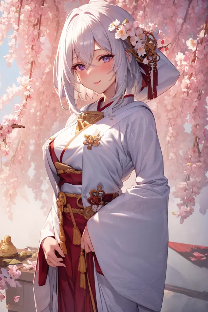 La imagen es una pintura de una hermosa chica de anime con cabello blanco largo y ojos morados. Ella está usando un kimono japonés tradicional con un obi rojo y blanco y tiene un pasador de flor de cerezo en el cabello. Ella está de pie en un campo de flores de cerezo y hay un juego de té en el suelo a su lado. El fondo es un borrón de flores de cerezo rosas y blancas.