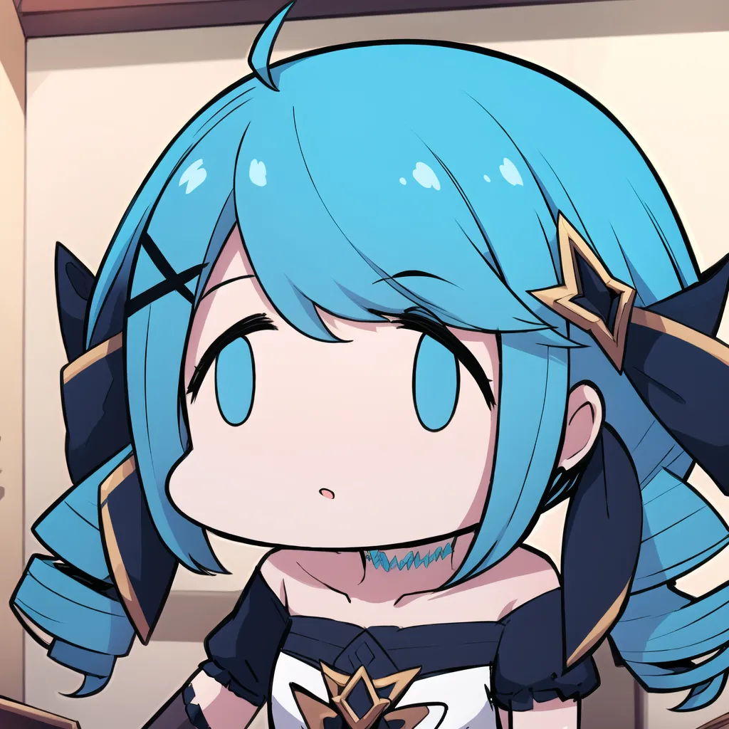 The image shows an anime-style chibi character with blue hair and blue eyes. She is wearing a black and white dress with a yellow star on the chest. She has a surprised expression on her face and is looking at something off-screen. The background is a blurred light brown color.