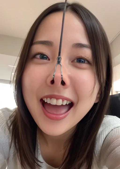 The image shows a young woman with a clothes hanger on her nose. She is smiling and looking at the camera. The woman has long, dark hair and fair skin. She is wearing a white shirt. The background is blurred.