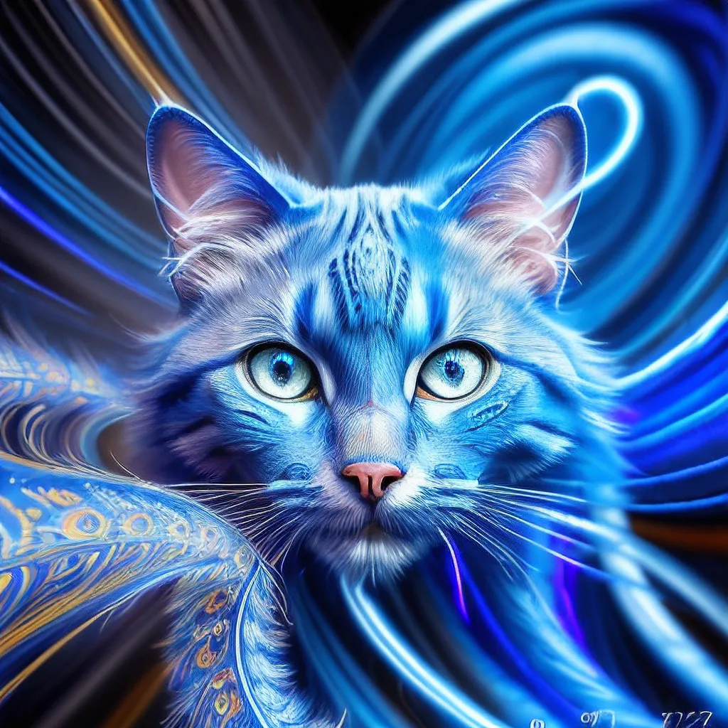 Esta é uma pintura digital de um gato. O gato é azul e branco, com olhos azuis brilhantes. Ele está em pé em frente a um fundo azul e branco, com um brilho azul claro ao redor dele. O gato está olhando para o espectador com uma expressão curiosa. A pintura é feita em um estilo realista, e o pelo do gato é particularmente bem renderizado.