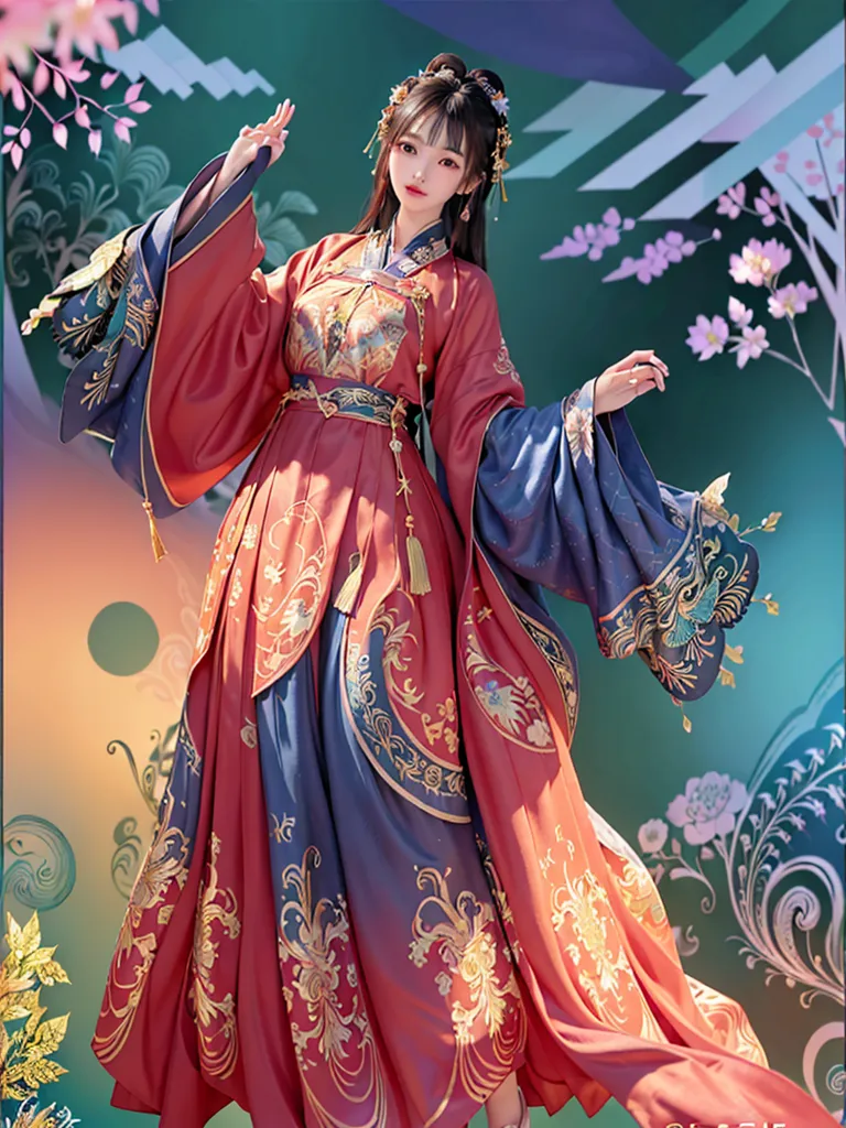 Gambar ini menunjukkan seorang wanita muda yang mengenakan pakaian tradisional Tiongkok (Hanfu) dengan warna merah dan biru sebagai warna utama. Gaun tersebut memiliki pola dan desain yang rumit. Latar belakangnya adalah gradien hijau dengan bunga sakura berwarna merah muda.