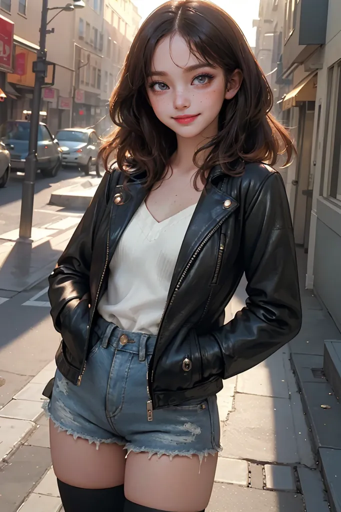 La imagen es una pintura digital de una mujer joven de pie en una calle de la ciudad. Lleva una camiseta de tirantes blanca, pantalones cortos de mezclilla azules y una chaqueta de cuero negro. Tiene el cabello castaño y ojos azules, y le sonríe al espectador. El fondo es un paisaje urbano borroso.