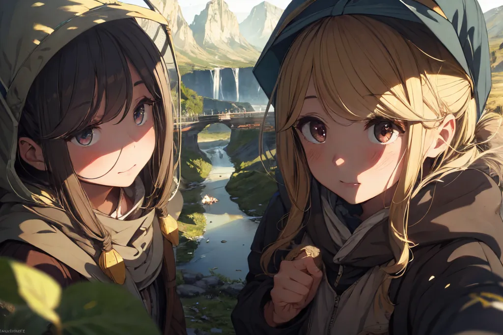 The image is of two anime girls taking a selfie. The girl on the left has brown hair and brown eyes, and is wearing a brown hat and a green scarf. The girl on the right has blonde hair and brown eyes, and is wearing a blue hat and a white scarf. They are both standing in front of a beautiful landscape of mountains, waterfalls, and a river.