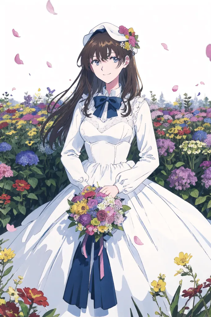 La imagen es una pintura de una mujer joven de pie en un campo de flores. Lleva un vestido blanco con una banda azul y un sombrero blanco con una flor azul. Tiene el cabello largo y castaño y ojos azules. Está sosteniendo un ramo de flores. El fondo es un campo de flores con una cerca blanca de estacas a lo lejos. La pintura está hecha en un estilo realista y los colores son vibrantes y brillantes.