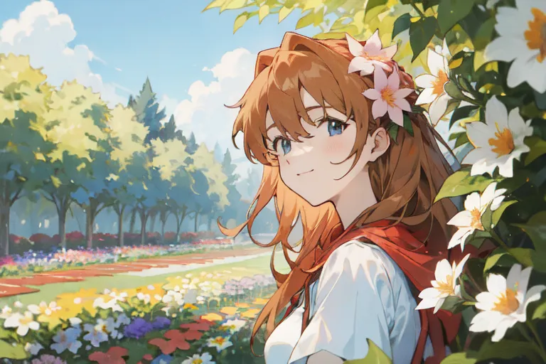 This image shows a girl with long brown hair and blue eyes. She is wearing a white shirt and a red cape. There are flowers in her hair and around her. She is standing in a field of flowers and there are trees and a blue sky in the background.