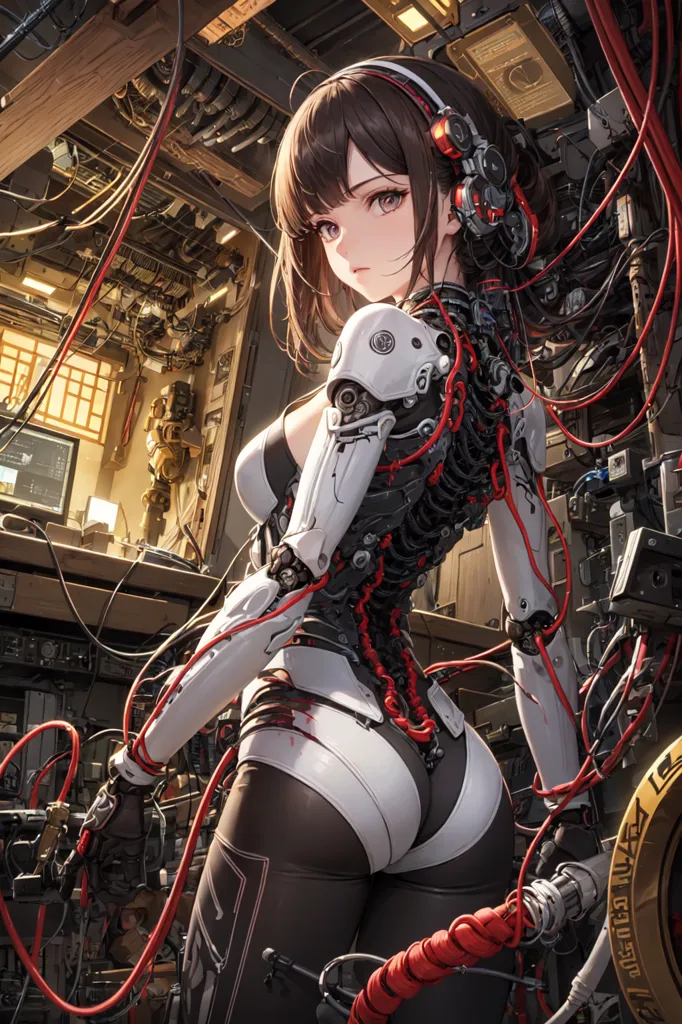 The image is a painting of a young woman with brown hair and red eyes. She is wearing a black and white bodysuit with a red and white striped pattern on her chest. She is also wearing a pair of headphones and has a number of wires plugged into her body. She is standing in a room that is full of machinery and appears to be working on a project.